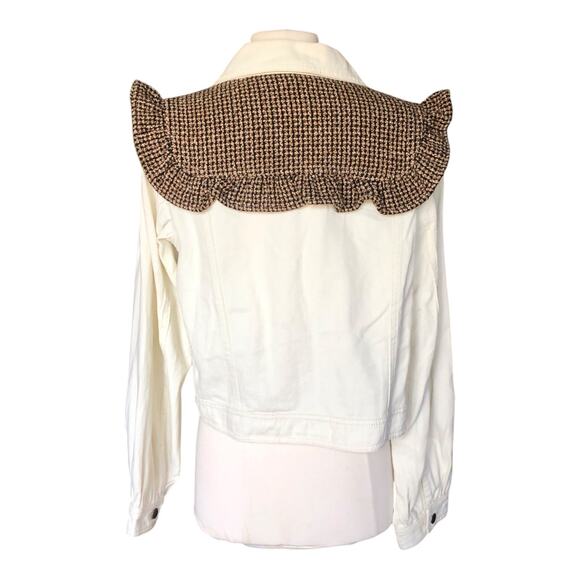 POL White Denim Jacket Ruffle Tweed Collar Frayed Hem Button Front Size Small - Picture 4 of 7